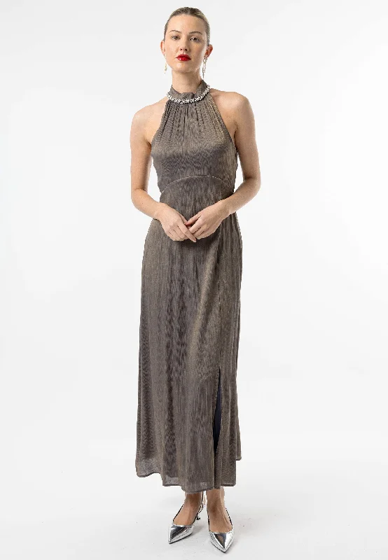 Elegant Attire For The Modern Lady Beaded Halterneck Cocktail Dress in Brown