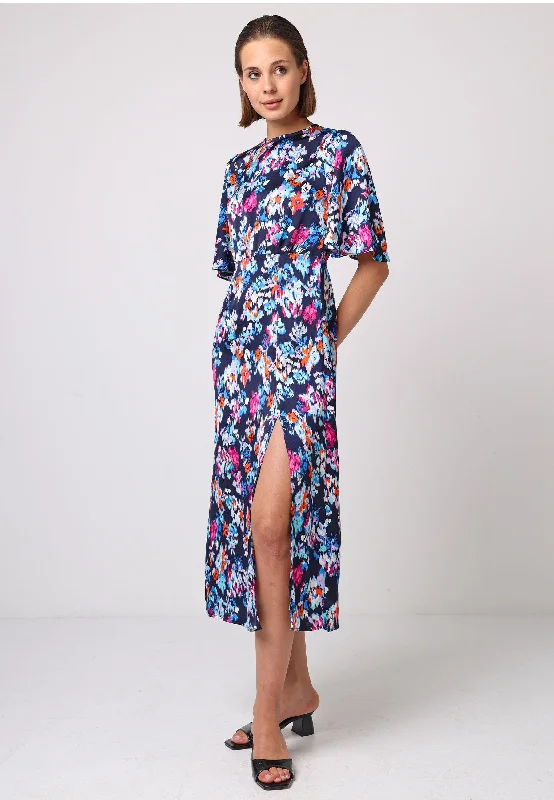 All Season Basics Discount Angel Sleeves Midi Dress With Side Slit In Navy Print