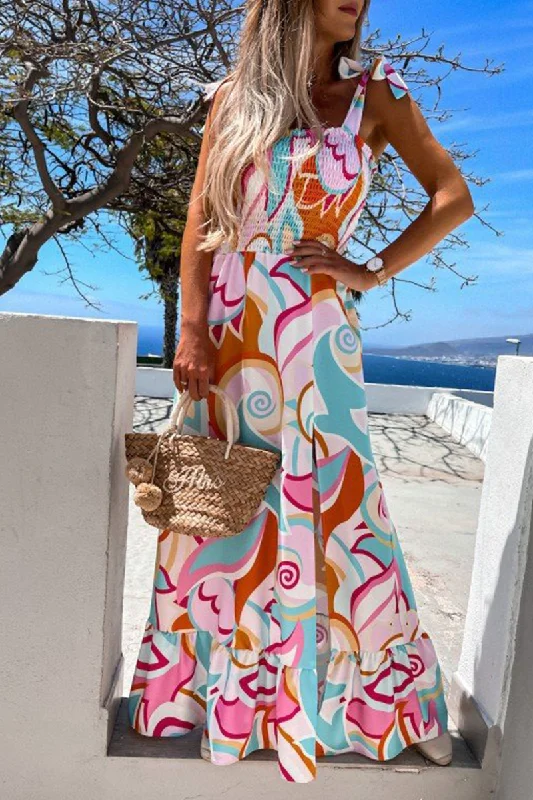 Casual and Comfortable Outfits Elegant Print Flounce Slit Spaghetti Strap A Line Dresses