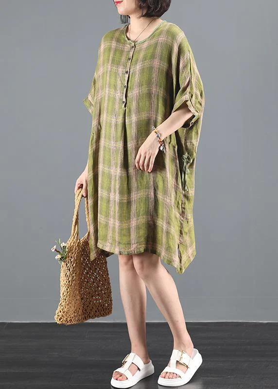 Casual Women's Clothing Bohemian o neck drawstring summer clothes Inspiration green plaid Dress