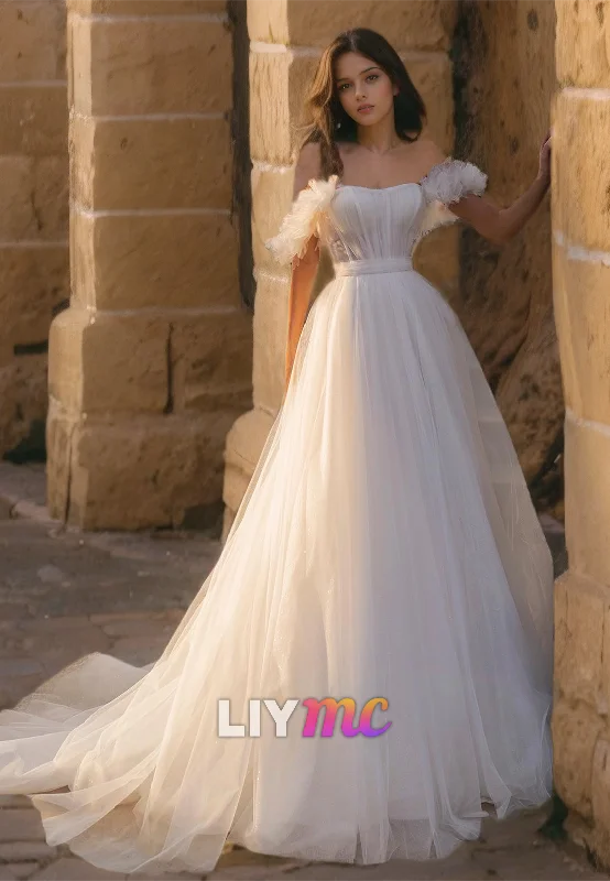 Exclusive Sale LW844 - Off-Shoulder Feathered Sleek Tulle A-Line Ball Gown Wedding Dress