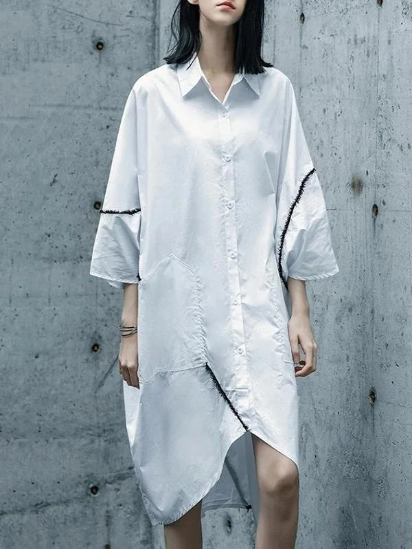 Sophisticated Style Chic white Cotton tunics for women lapel asymmetric daily shirt Dresses