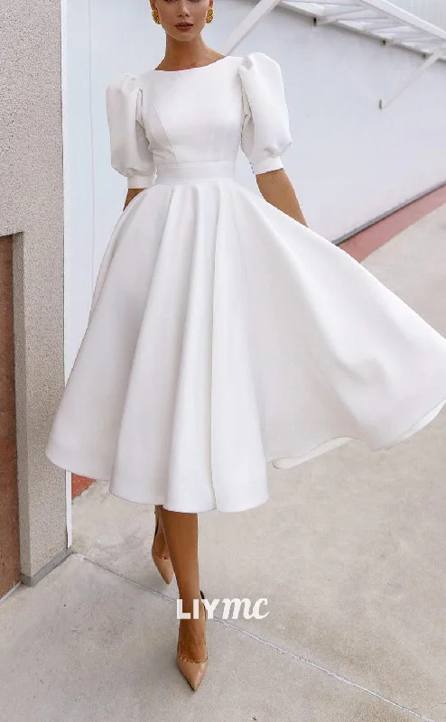 Trendy Threads LW943 - Scoop Puff Sleeves Cut Outs A-Line Pleated Short Beach Wedding Dress