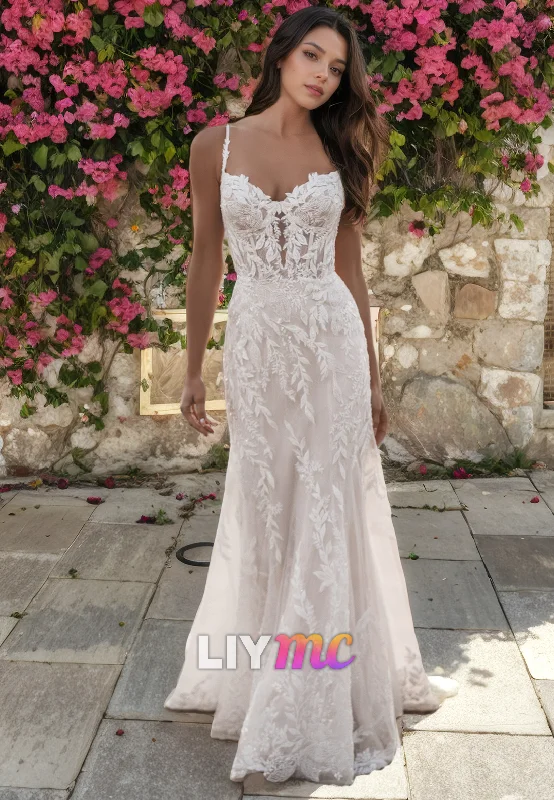 Casual Fashion for Women Sweetheart Sleeveless Appliques Sweep Train Sheath Beach Wedding Dress