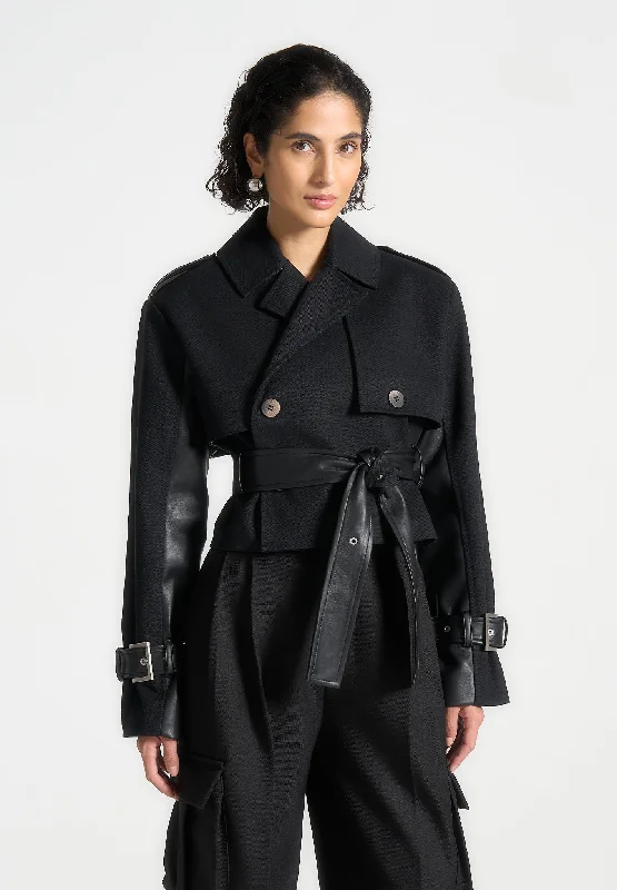 Chic And Edgy Cropped Trench Coat with Belt - Black