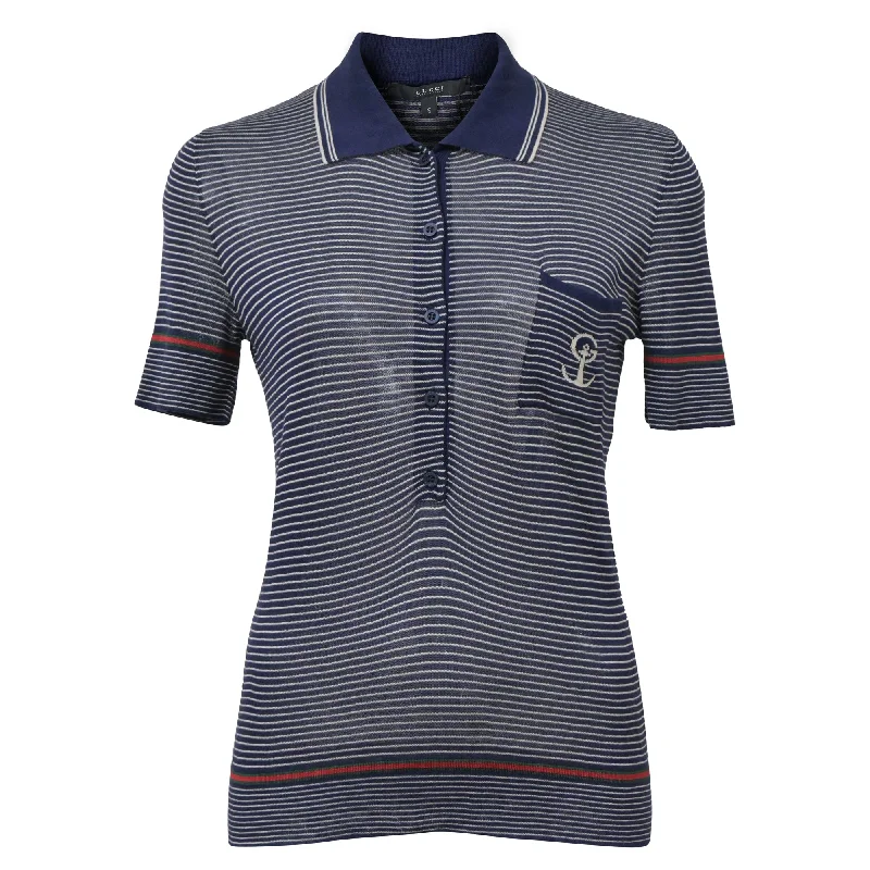 New Arrival Discounts Gucci Striped Knit Polo Shirt in Navy Blue Silk