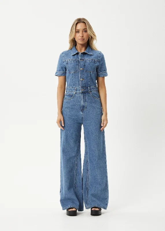 Vintage Style Clothing Sale AFENDS Womens Miami - Denim Flared Leg Jumpsuit - Worn Blue