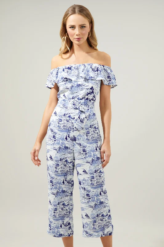 Stylish Loungewear for Women Francine Toile Sky Off the Shoulder Jumpsuit