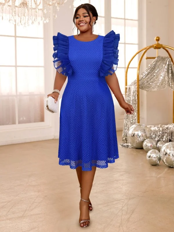 City Fashion AOMEIDRESS Blue Mesh Party Dress O Neck Ruffles Fish Net A Line