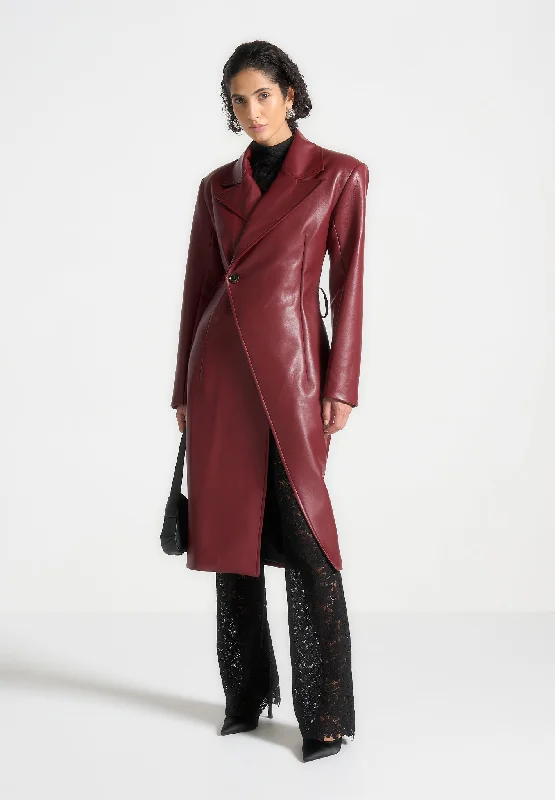 Runway Inspired Wear Leather Asymmetric Belted Coat - Wine Red