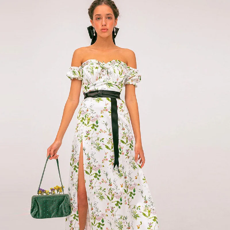 Sophisticated Outfits Ruffle Off The Shoulder High Slit Floral Midi Sundress - White