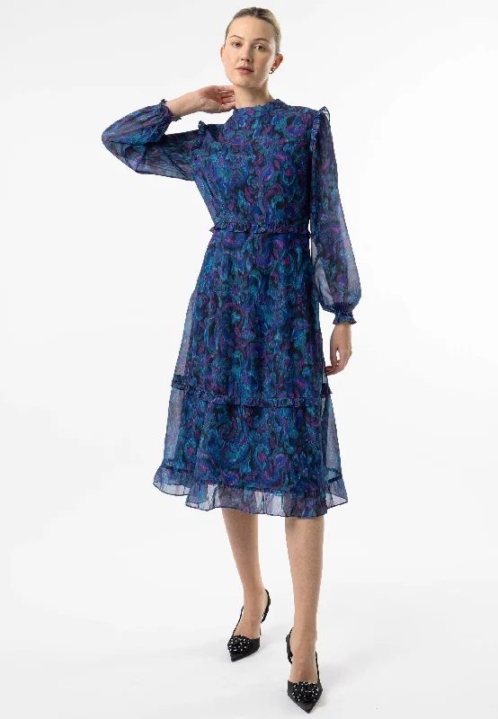 Best Sellers High Neck Ruffle Detail Midi Dress in Blue Paisley Print