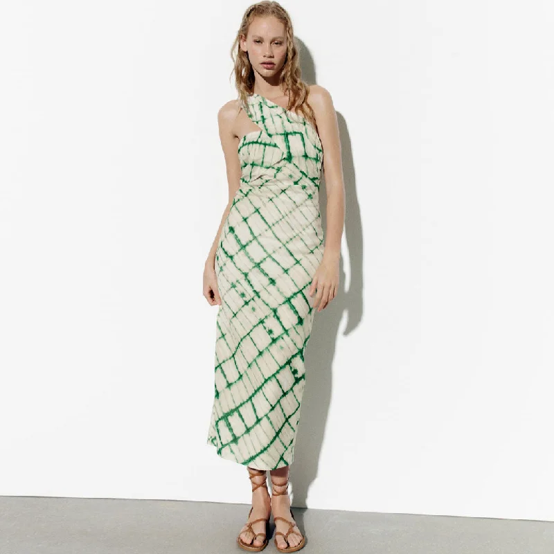 Gorgeous Glamour Collection Tie Dye Checkered Print One Shoulder Midi Dress - Green