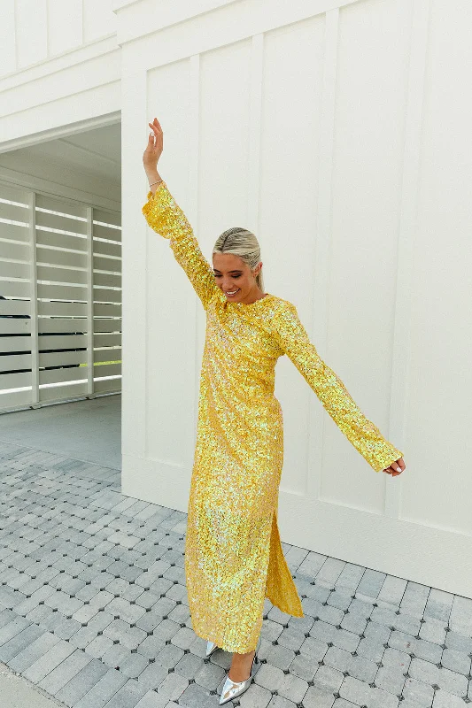 Casual Chic Calypso Midi Dress - Yellow Sequins