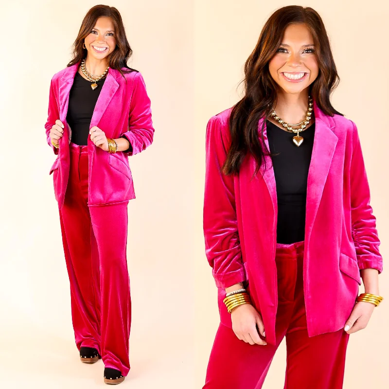 Fashion Sale Chic Arrival 3/4 Sleeve Velvet Blazer in Fuchsia Pink