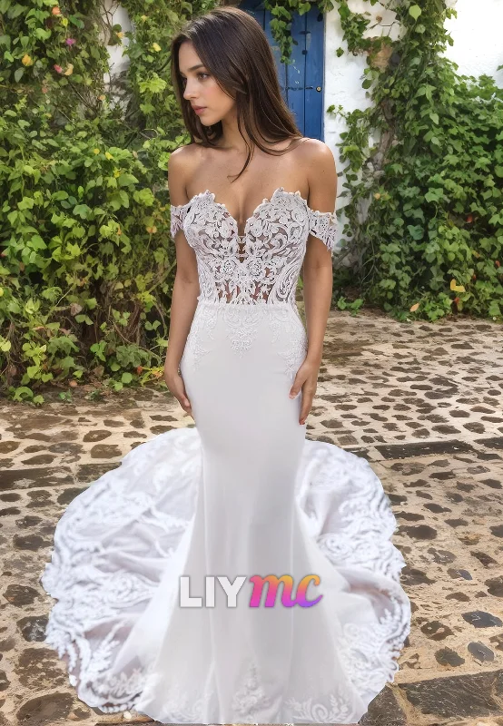 Elegant Women's Fashion Off-Shoulder Strapless Appliques Mermaid Wedding Dress