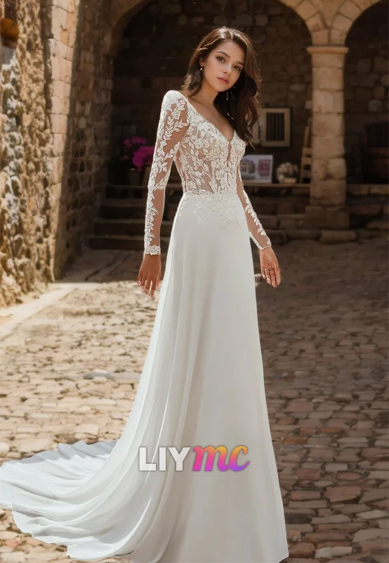 Casual Chic V-Neck Long Sleeves Lace Appliques A-Line Beach Wedding Dress