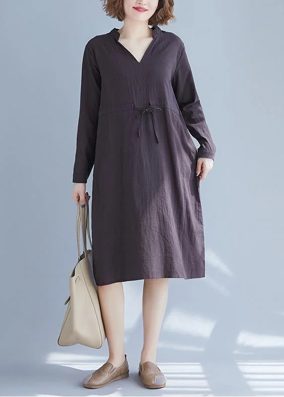 Budget-Friendly Fashion Simple V Neck Drawstring Spring Robes Neckline Gray Dresses