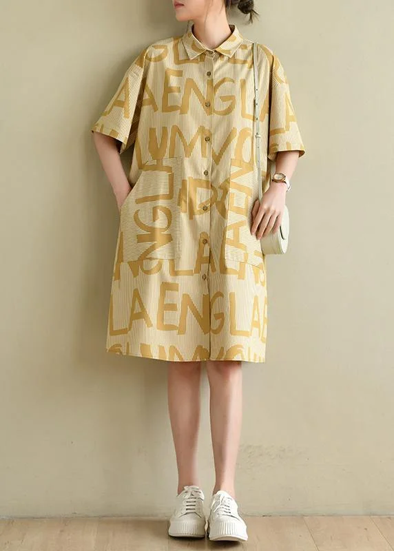 Minimalist Women's Fashion Clothing Casual Yellow Cinched Peter Pan Collar Cotton Dress Graphic Dress