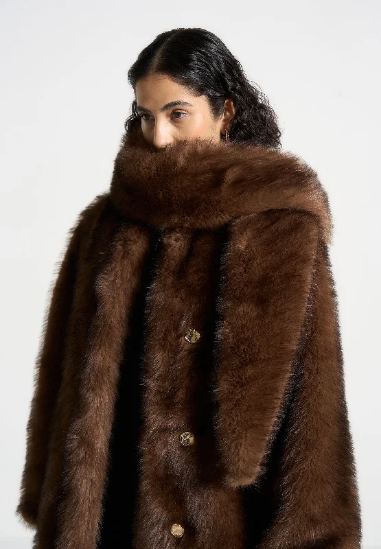 Stylish Loungewear for Women Fur Oversized Coat with Scarf - Brown