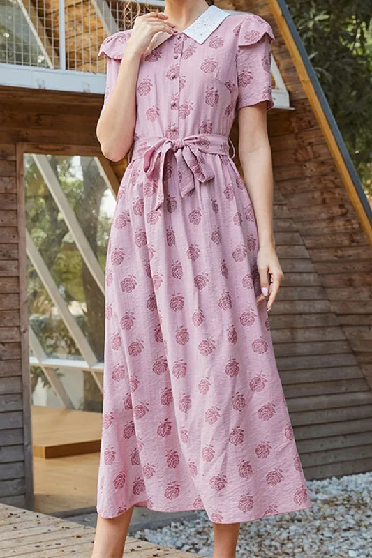 Affordable Fashion for Women Elegant Floral Buckle With Belt Turndown Collar A Line Dresses