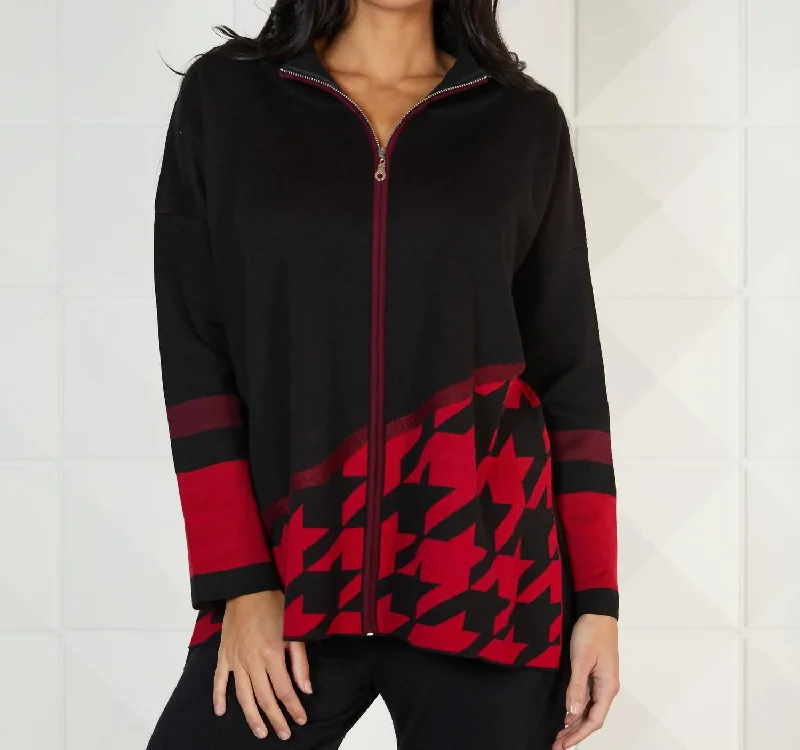 Urban Femme Streetwear Houndstooth Zip Up Poncho In Black/red