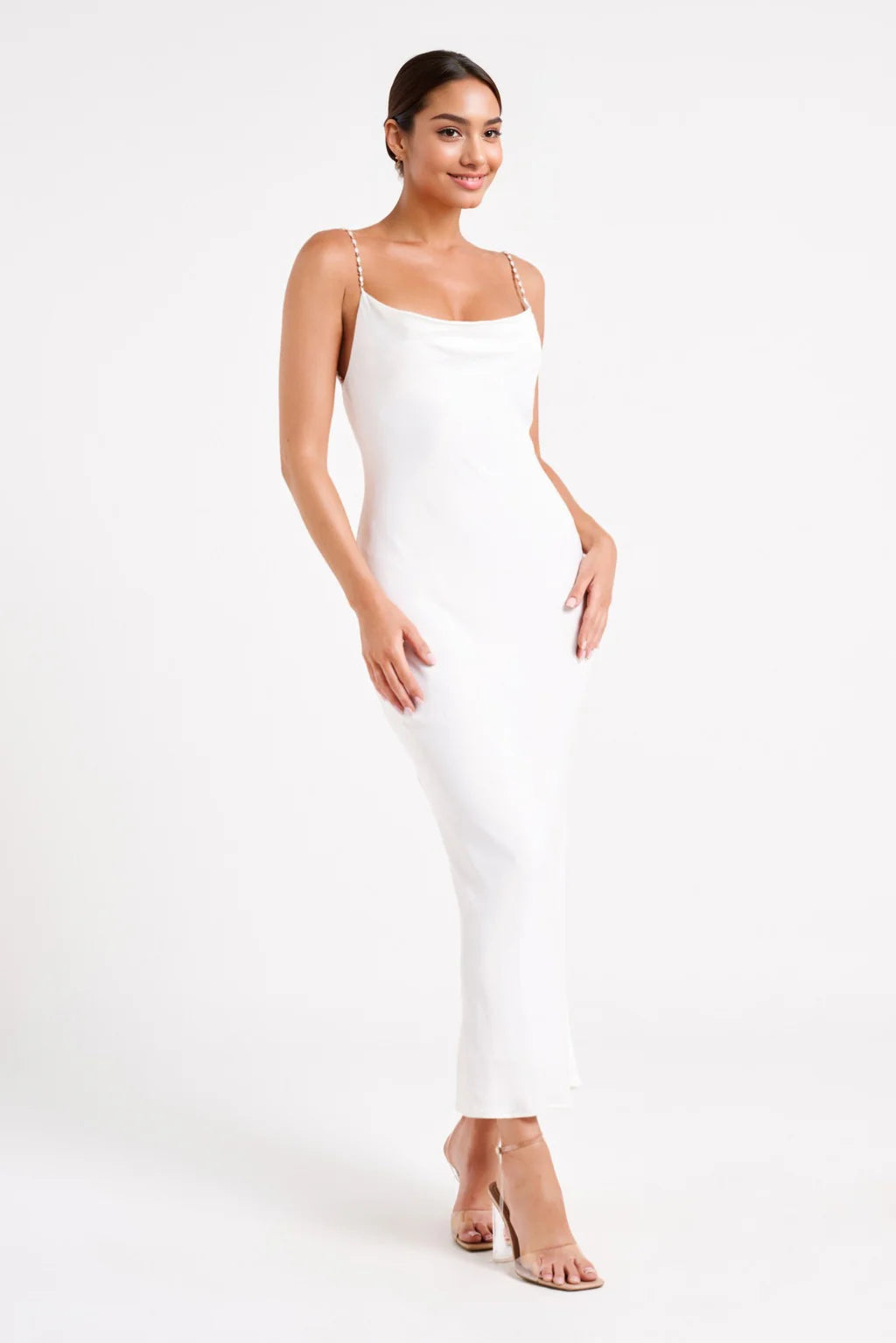 Clothes For Woman Cowl Midi Dress With Pearl Trim - White