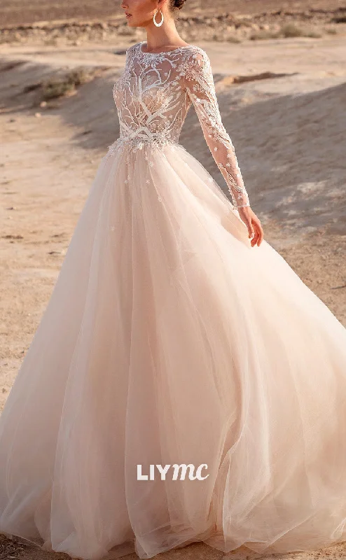 Stay Ahead In Style LW910 - Scoop Long Sleeves Appliques Tulle Ball Gown Wedding Dress