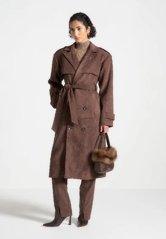 Women's Trendy Outfits Suede Trench Coat - Brown