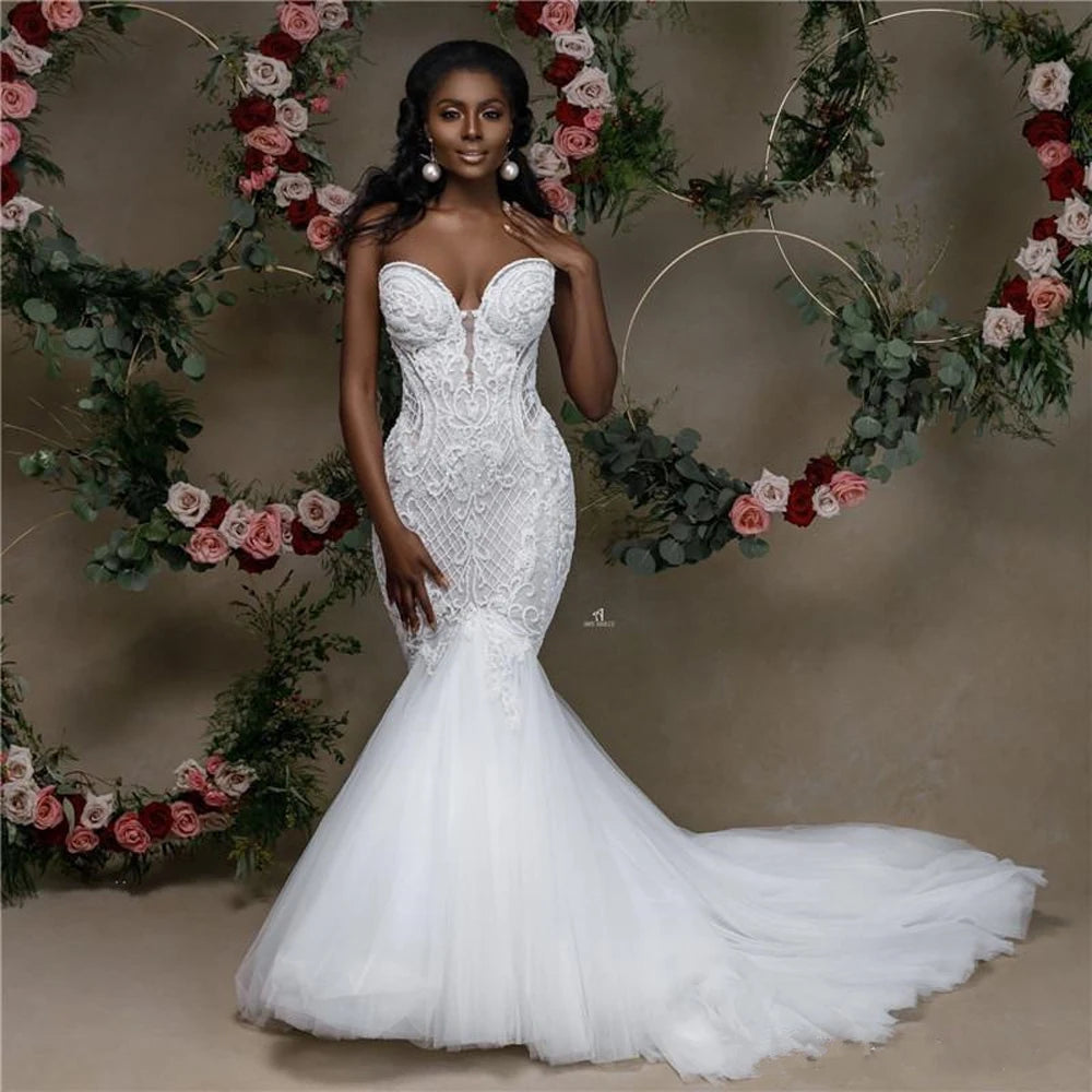 Fashion-forward Women's Wear KapokDressy African Sweetheart Mermaid Wedding Dresses  Newest Strapless Lace Beaded Wedding Gowns Applique Bridal Dresses