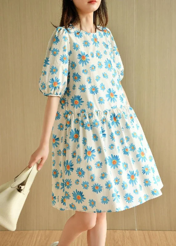 Fresh Styles, Fresh Deals Casual Blue O-Neck Print Summer Cotton Half Sleeve Dresses