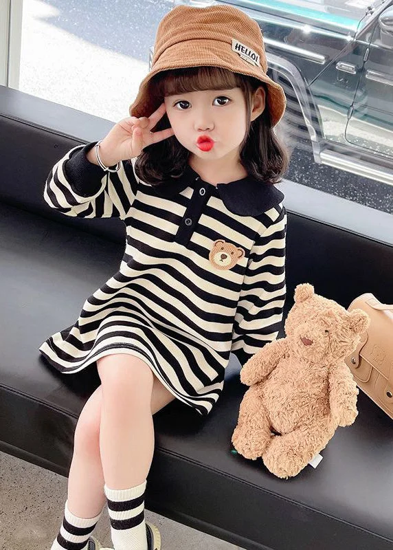 Best Online Boutiques Casual Black White Striped Peter Pan Collar Print Kids Mid Dress Fall