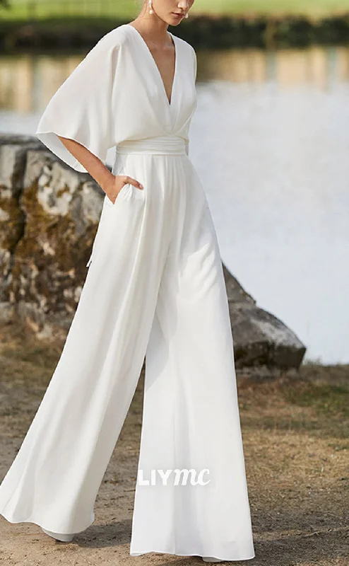 Big Discounts LW930 - Jumpsuit V-Neck Sleek Satin Long Sleeves Beach Wedding Dress