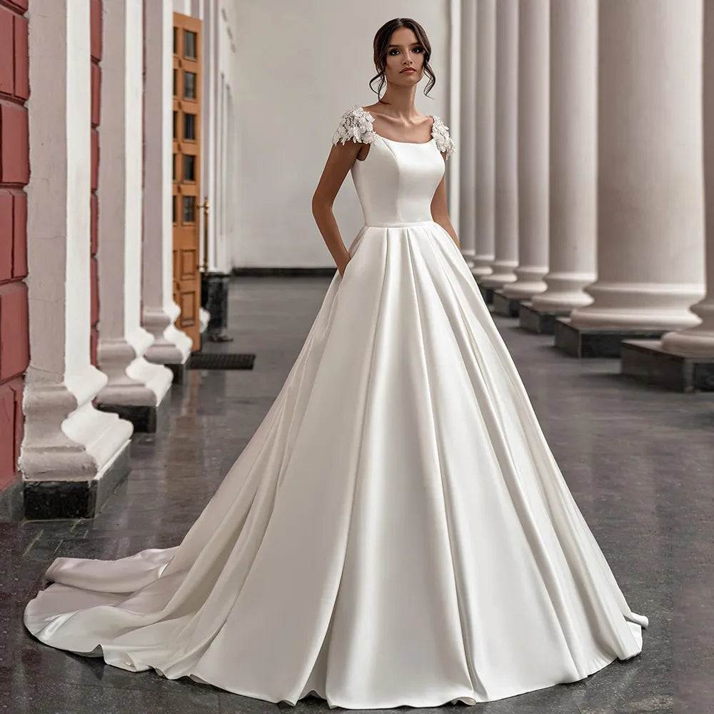 Casual Style for Busy Women Gorgeous Satin Wedding Dresses Cap Sleeve Scoop Neck Flowers Court Train A Line Princess Bridal Gowns With Pockets Vestidos De