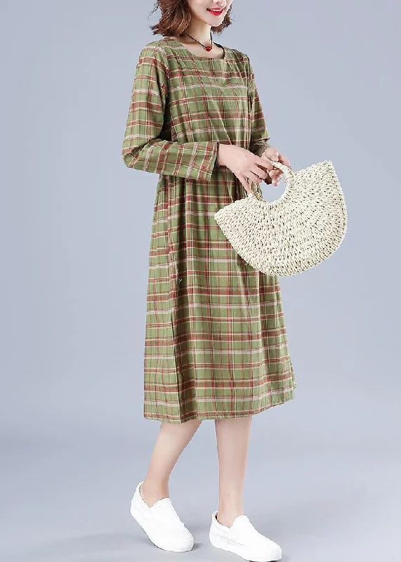 Fashion Forward Natural Green Plaid Dresses O Neck Drawstring Knee Spring Dress