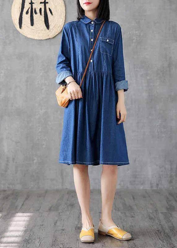 Relaxed Fashion Classy lapel Cinched Cotton quilting clothes Photography denim blue Dress