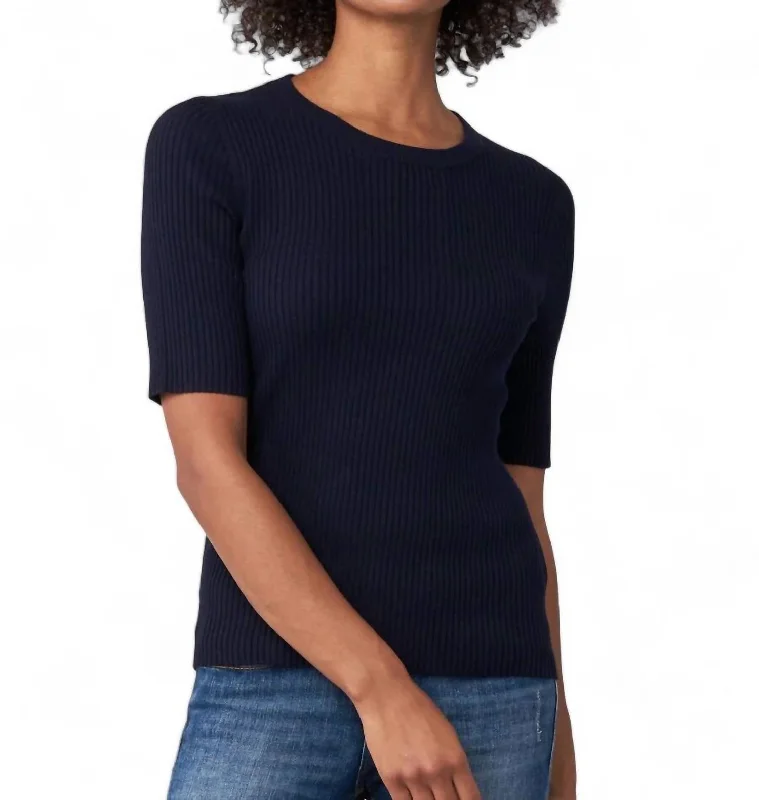 Clothes Sales Short Sleeve Fine Rib Crew Sweater In Navy