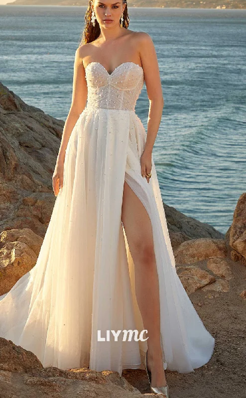 Travel Essentials LW893 - Sweetheart Sleeveless Pleated Beaded A-Line High Slit Beach Weding Dress