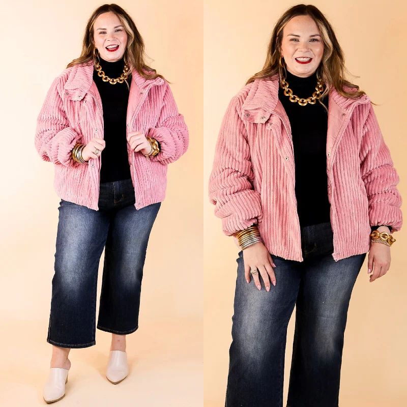 Special Occasion Wear Driving North Button and Zip Up Plush Ribbed Jacket in Pink