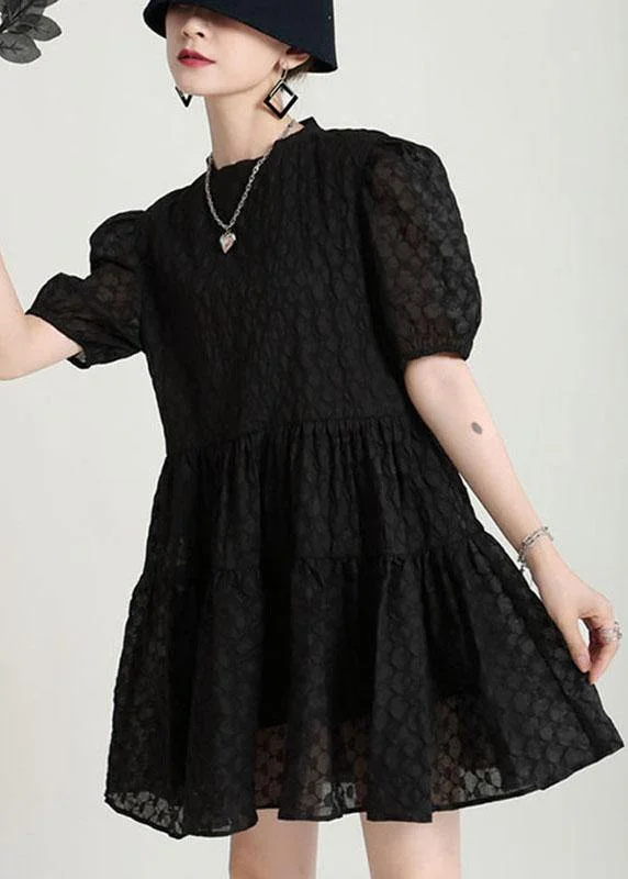 Premium Fashion Style Black Puff Sleeve Patchwork Summer A Line Dresses