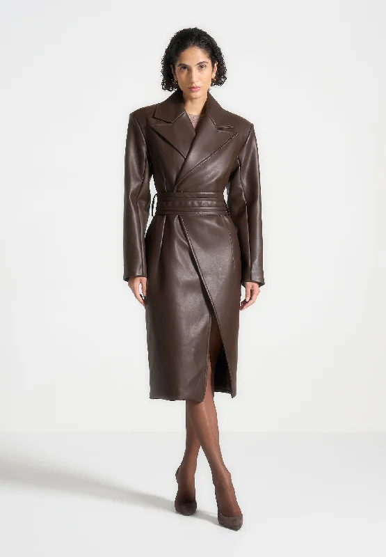 Chic Women's Clothing Online Leather Asymmetric Belted Coat - Brown