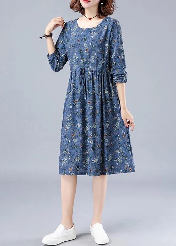 Enjoy Discount French O Neck Drawstring Spring Dresses Wardrobes Blue Print Dress