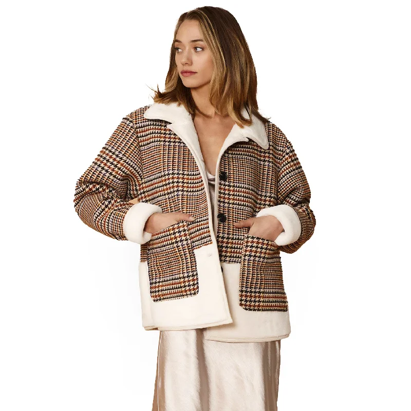 Fashionable Dresses for Women Women's Plaid Fur Jacket in Rust Houndstooth