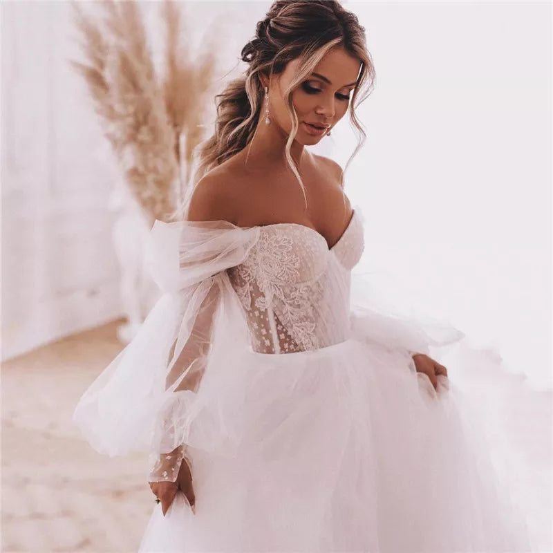 Women's Evening Wear Fairy Boho Wedding Dresses Detachable Long Puff Sleeve Bride Dress Vintage Lace Beach Wedding Gowns Plus Size Corset Back Sweet