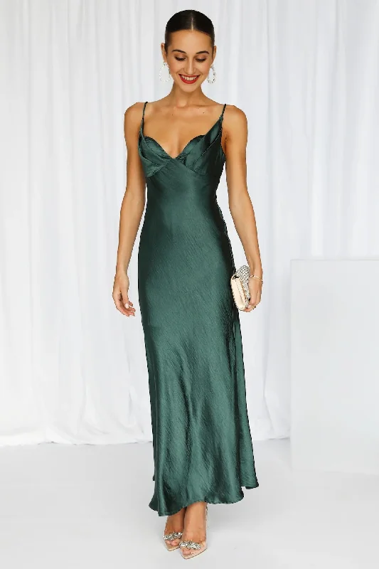 Sophisticated Women's Fashion No Cloudy Skies Satin Maxi Dress Forest Green