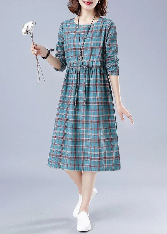 Fashion Sale Unique O Neck Drawstring Spring Dress Runway Blue Plaid Dresses