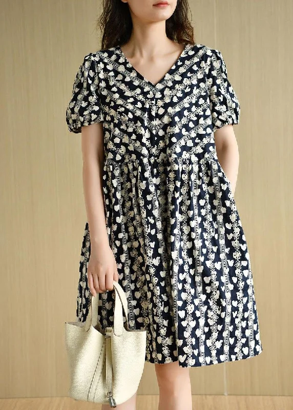 Chic Styles Vintage Navy V Neck Loose Print Summer Cotton Dress Short Sleeve