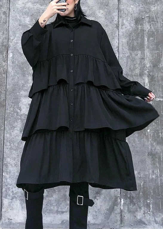 Winter Wardrobe Clearance Italian black Cotton quilting clothes spring shift layered ruffles Dresses