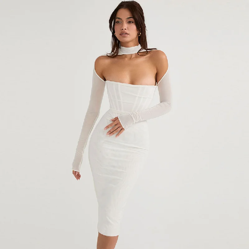 Sophisticated Fashion Cut Out Long Sleeve Mesh Bodycon Cocktail Midi Dress - White