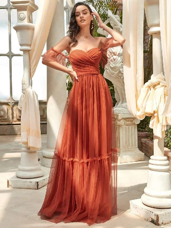 Fashion Essentials Off the Shoulder Sweetheart Pleated Tulle Evening Dress